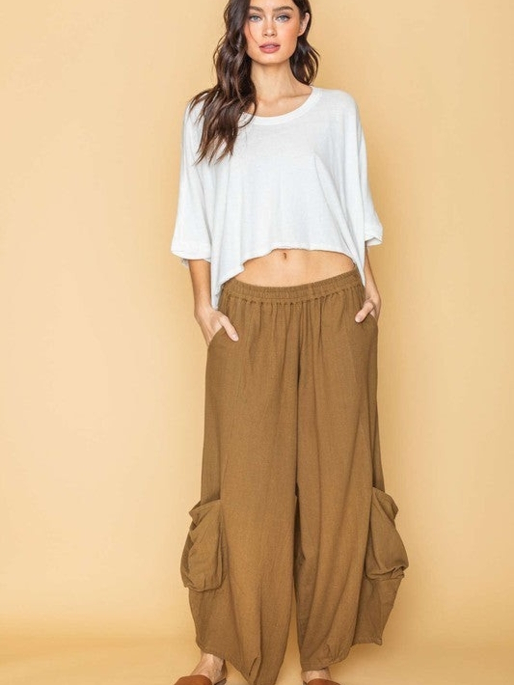 Rhea Costa Wide Leg Cargo Harem Pants in Brown